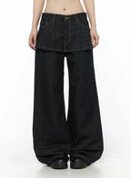 Non-Fade Layered Wide Jeans