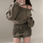 [Stylish Casual] Off-Shoulder Sweatshirt Scarf Set 