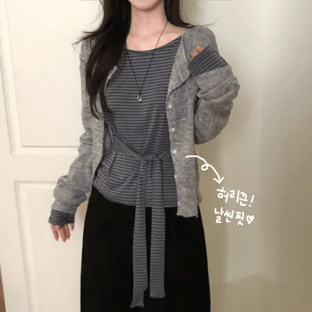 【U領收腰】Soft Stripe Ribbon Tee