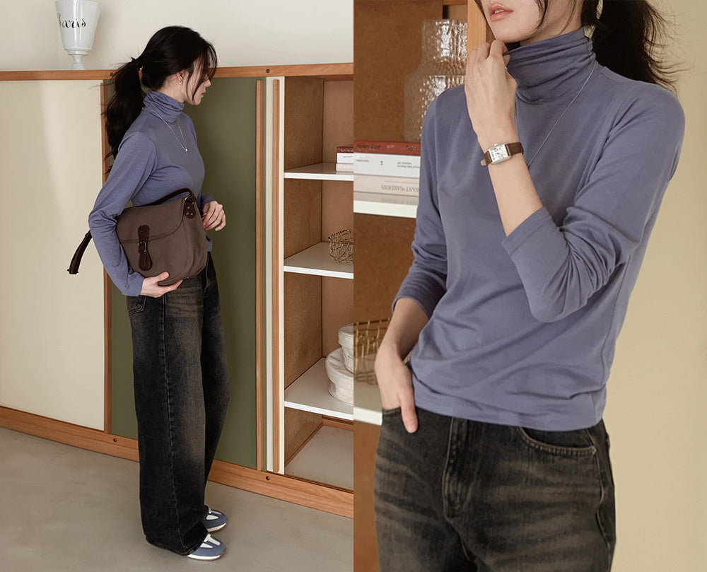 Korean-style MADE! Soft, fitted, brushed fleece turtleneck tee