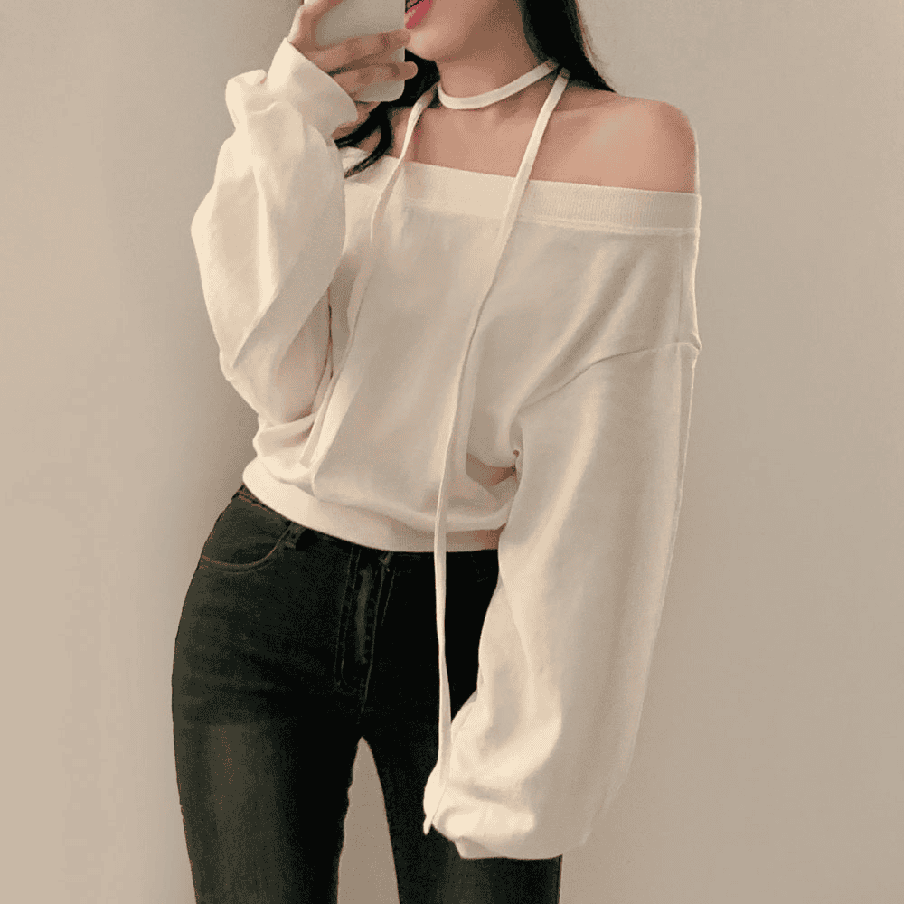 [Stylish Casual] Off-Shoulder Sweatshirt Scarf Set 