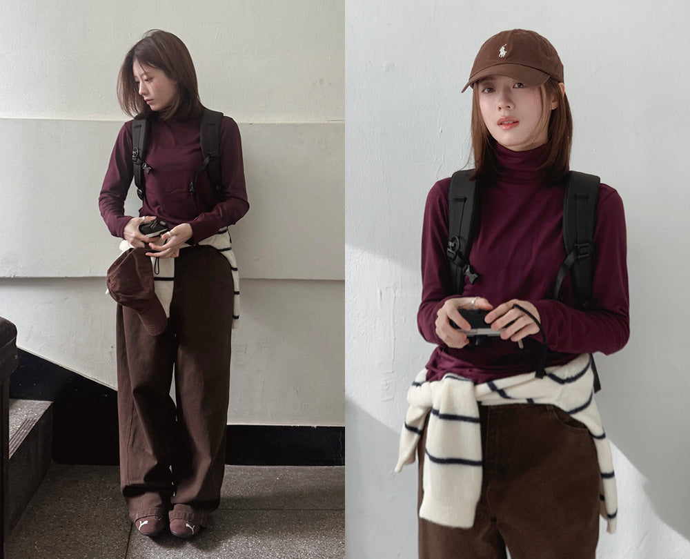 Korean-style MADE! Soft, fitted, brushed fleece turtleneck tee