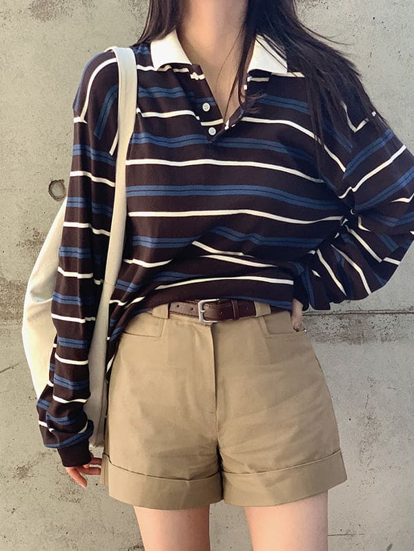 【🪵Simple and Versatile】Rugby Stripe Piket Tee 