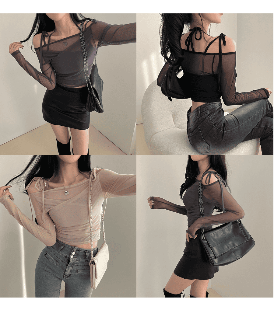 Halter Ribbon Off-Shoulder See-Through Vest Set 