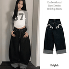 【彎刀神褲】Embroidered Roll-Up Raw Denim