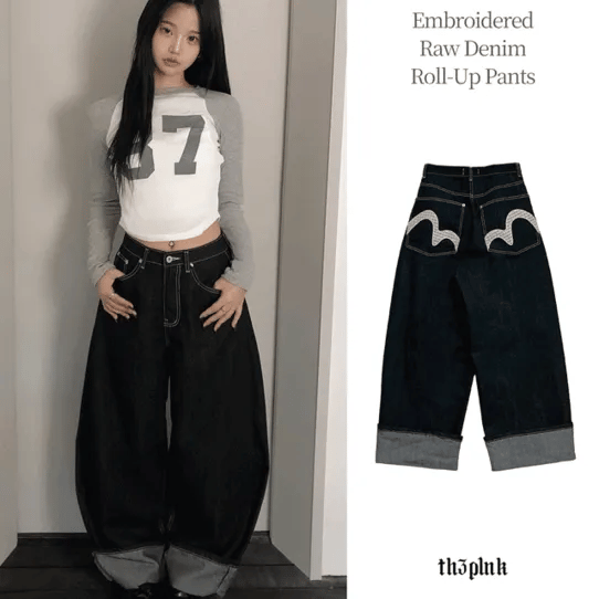 【彎刀神褲】Embroidered Roll-Up Raw Denim