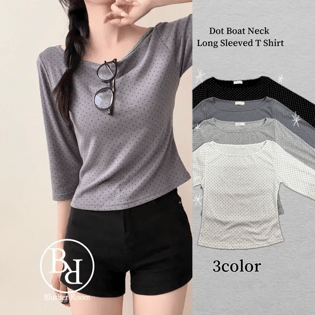 [polka dot three-quarter sleeves] Dot Round Tee 