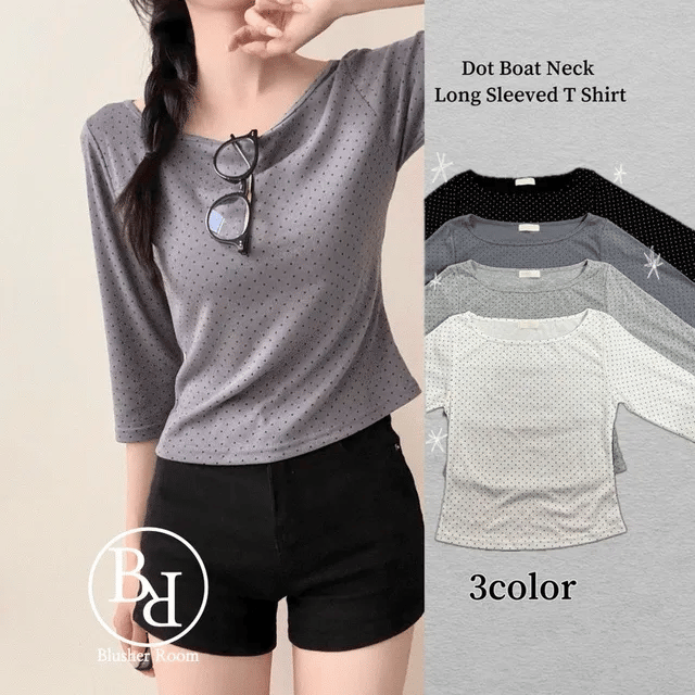 [polka dot three-quarter sleeves] Dot Round Tee 