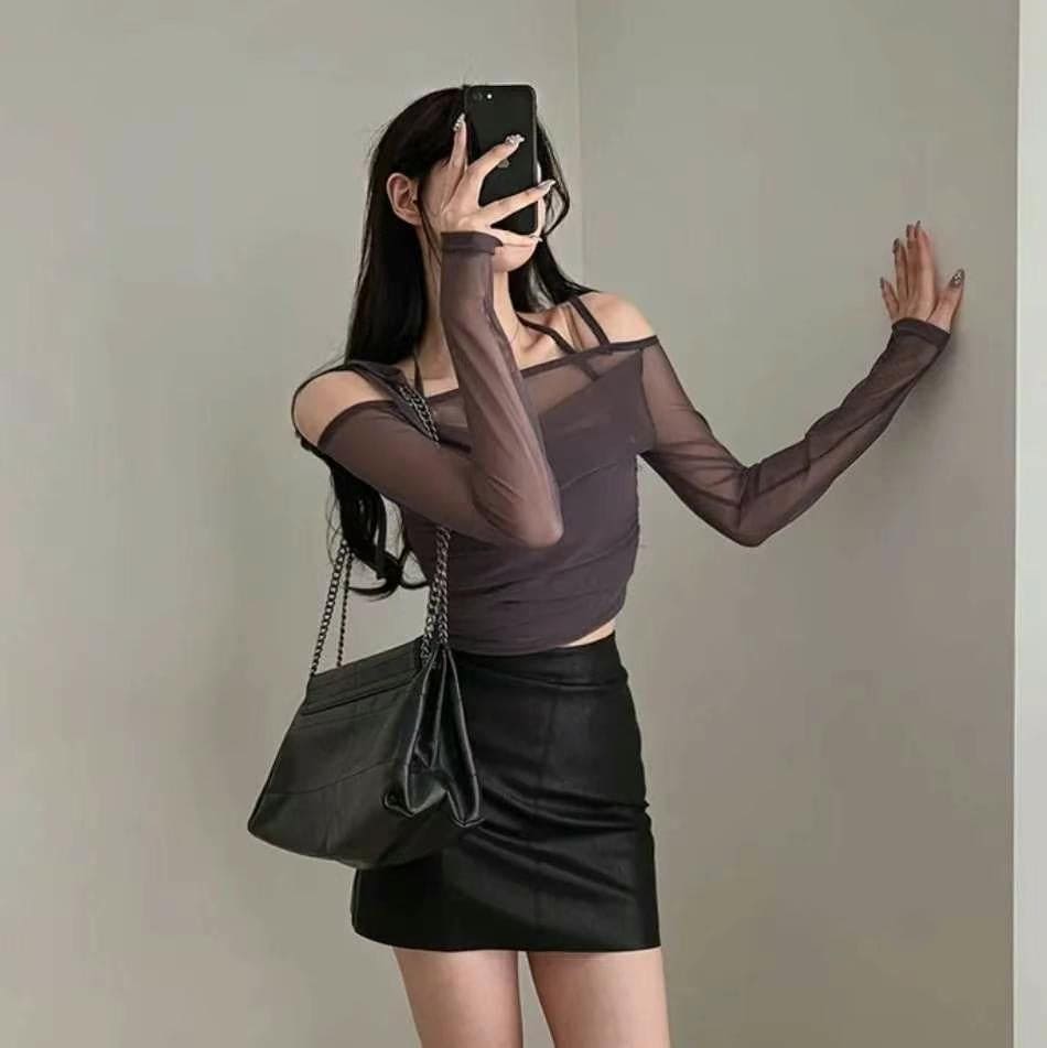 Halter Ribbon Off-Shoulder See-Through Vest Set 