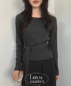 【U領收腰】Soft Stripe Ribbon Tee