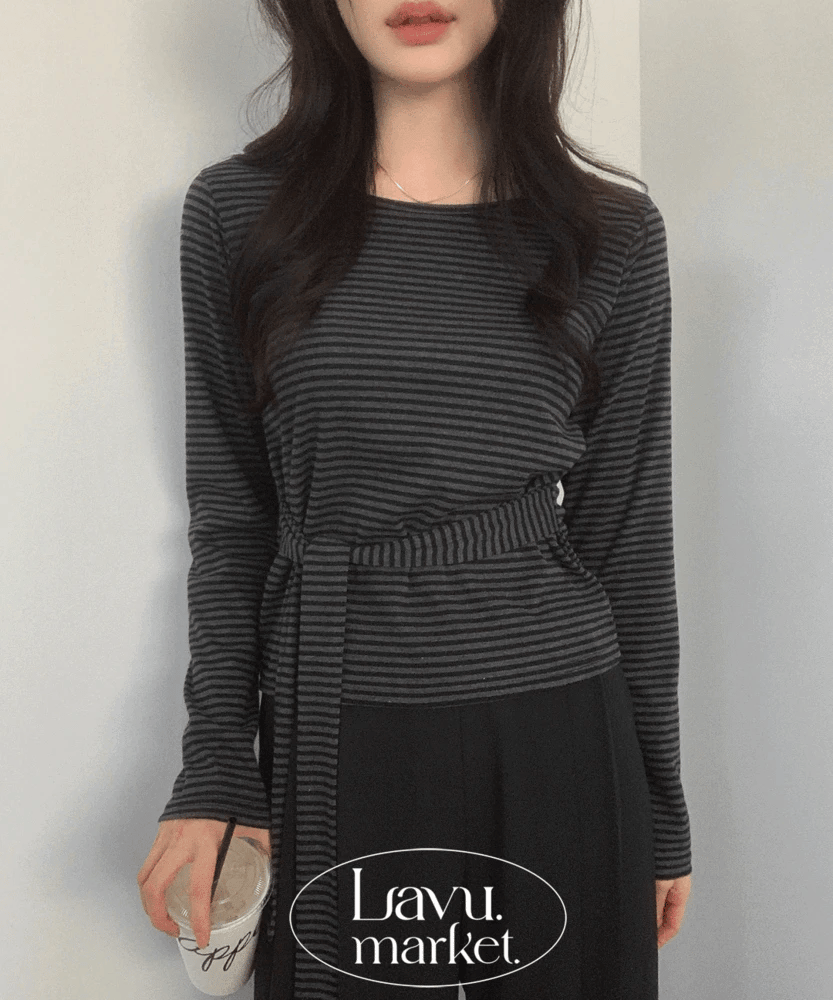 【U領收腰】Soft Stripe Ribbon Tee