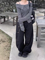 【🖤The Curved Blade Jeans】Pearl Chain Jeans 