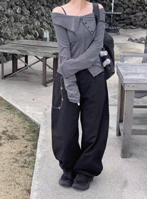 【🖤The Curved Blade Jeans】Pearl Chain Jeans 