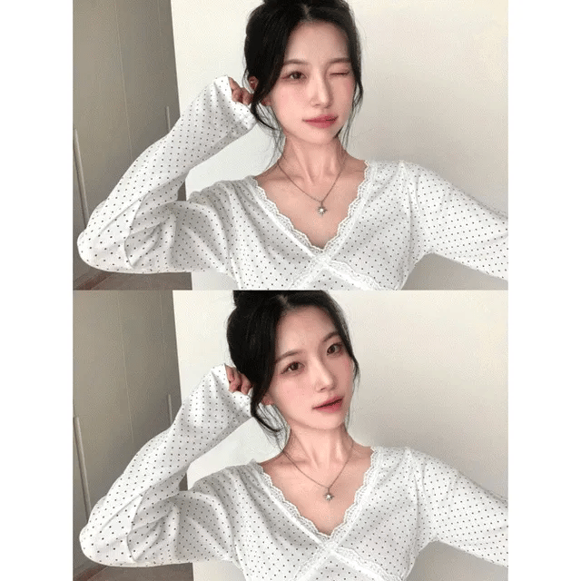 【🤍Korean Style Polka Dot Tee】Dot Lace Tee 