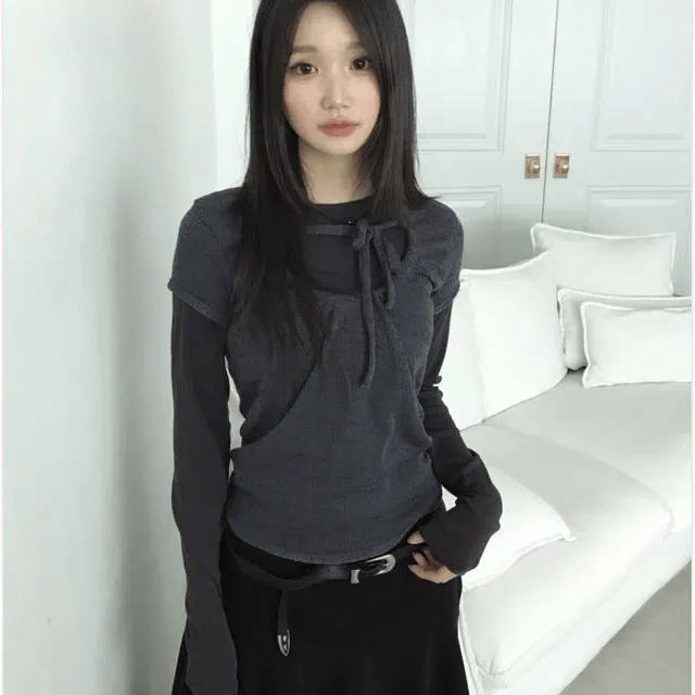 【🩶y2k vibe】Layered Ribbon Top Set