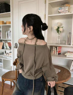 [Stylish Casual] Off-Shoulder Sweatshirt Scarf Set 
