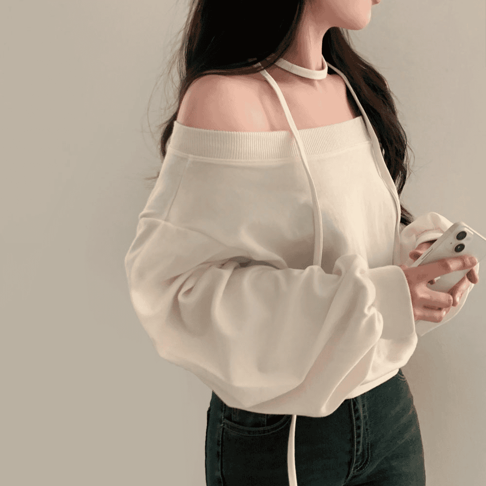 [Stylish Casual] Off-Shoulder Sweatshirt Scarf Set 