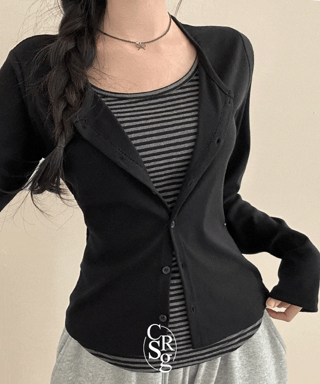 [Y2K Preppy Style] Stripe Layered Cardi Set 