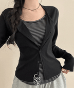 [Y2K Preppy Style] Stripe Layered Cardi Set 