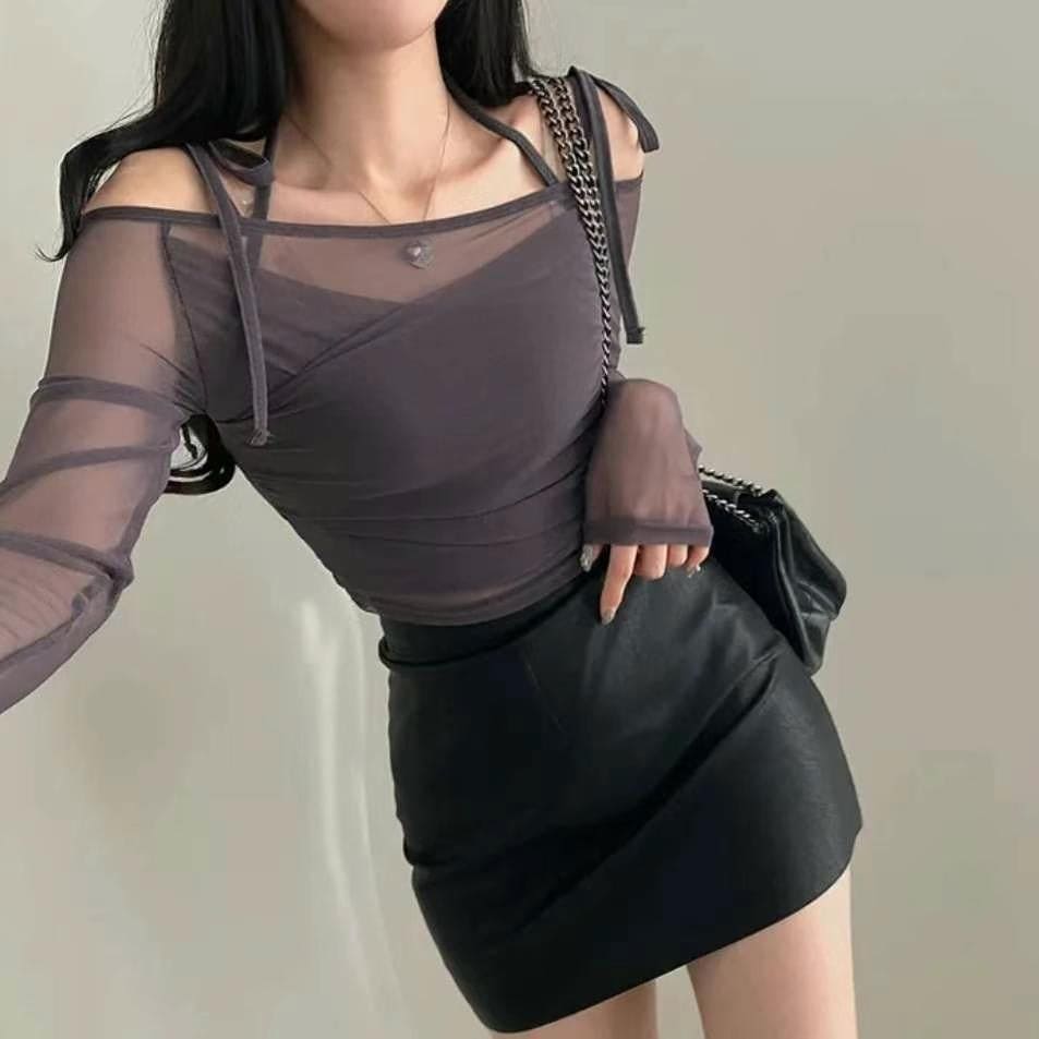 Halter Ribbon Off-Shoulder See-Through Vest Set 