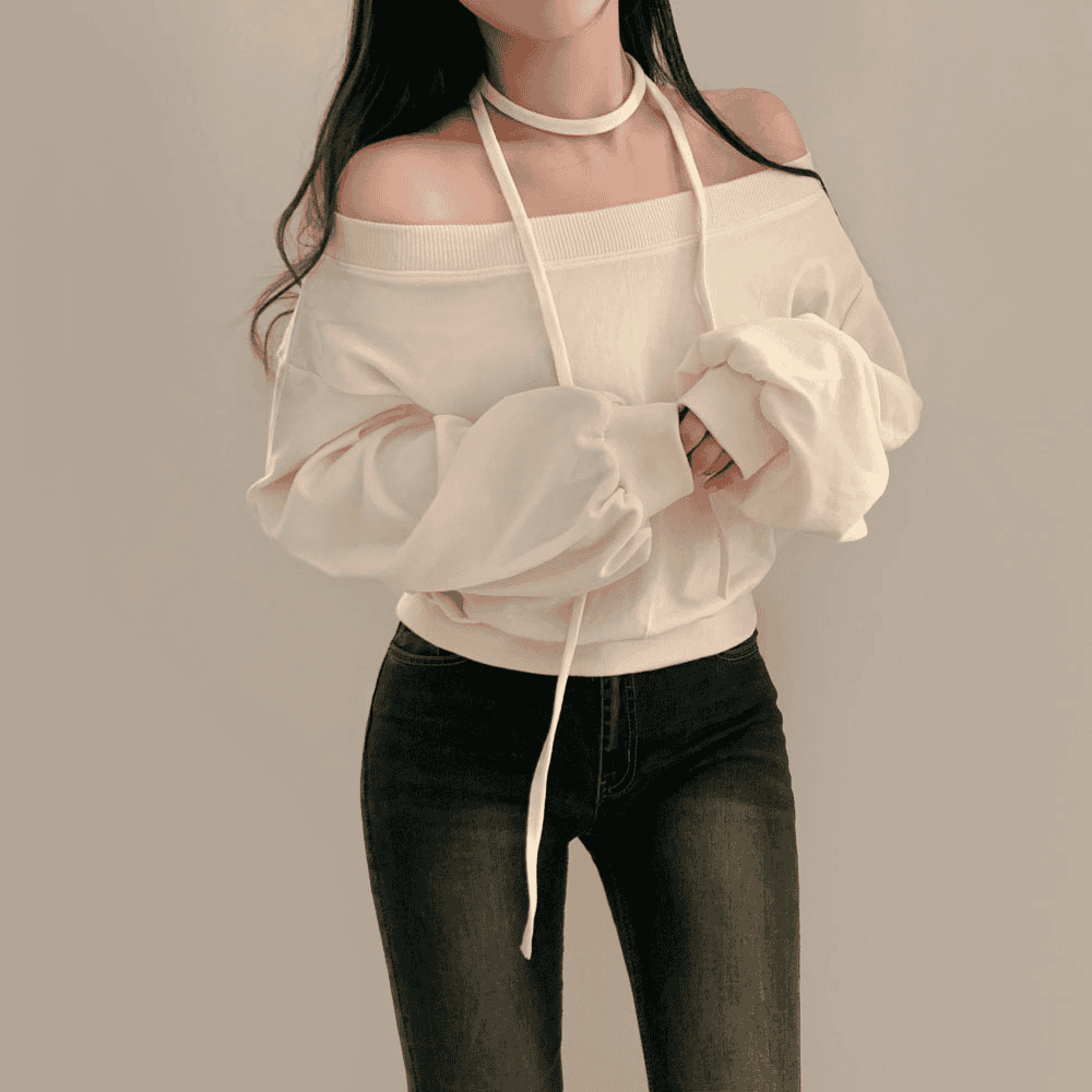 [Stylish Casual] Off-Shoulder Sweatshirt Scarf Set 