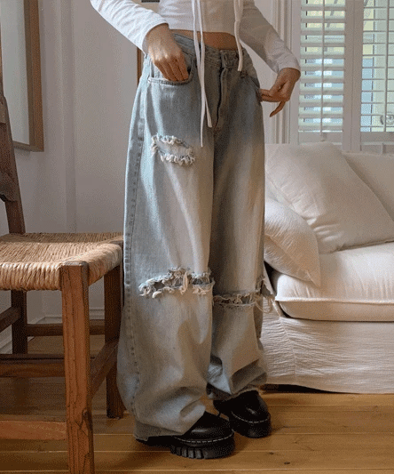 【OOTJ】Damaged Washing Wide Denim 