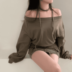 [Stylish Casual] Off-Shoulder Sweatshirt Scarf Set 