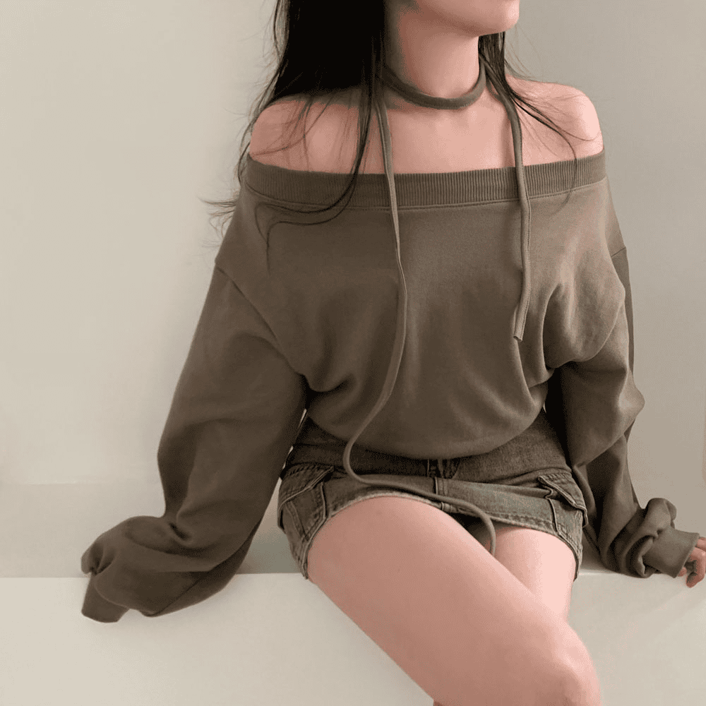 [Stylish Casual] Off-Shoulder Sweatshirt Scarf Set 