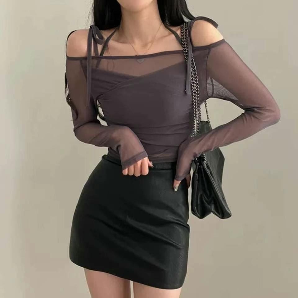 Halter Ribbon Off-Shoulder See-Through Vest Set 