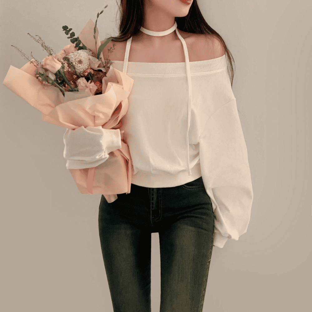 [Stylish Casual] Off-Shoulder Sweatshirt Scarf Set 