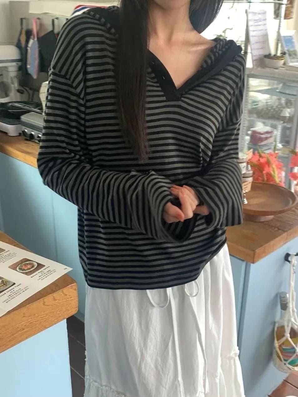 【🎧y2k vibe】Stripe Hoodie Tee 