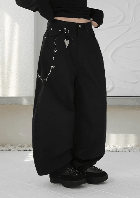 【🖤The Curved Blade Jeans】Pearl Chain Jeans 