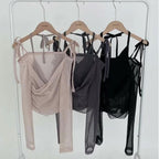 Halter Ribbon Off-Shoulder See-Through Vest Set 