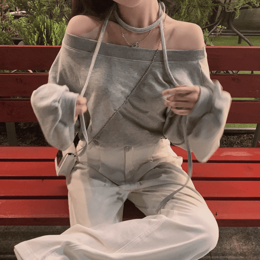 [Stylish Casual] Off-Shoulder Sweatshirt Scarf Set 