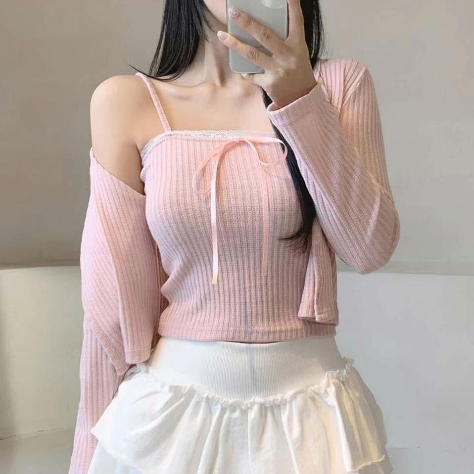 【🩰Ballet Core】Ribbon Lace Cardigan Set 