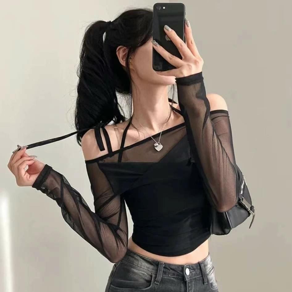 Halter Ribbon Off-Shoulder See-Through Vest Set 