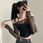 Halter Ribbon Off-Shoulder See-Through Vest Set 