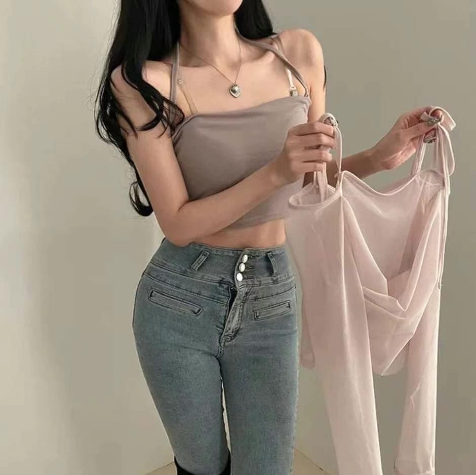 Halter Ribbon Off-Shoulder See-Through Vest Set 