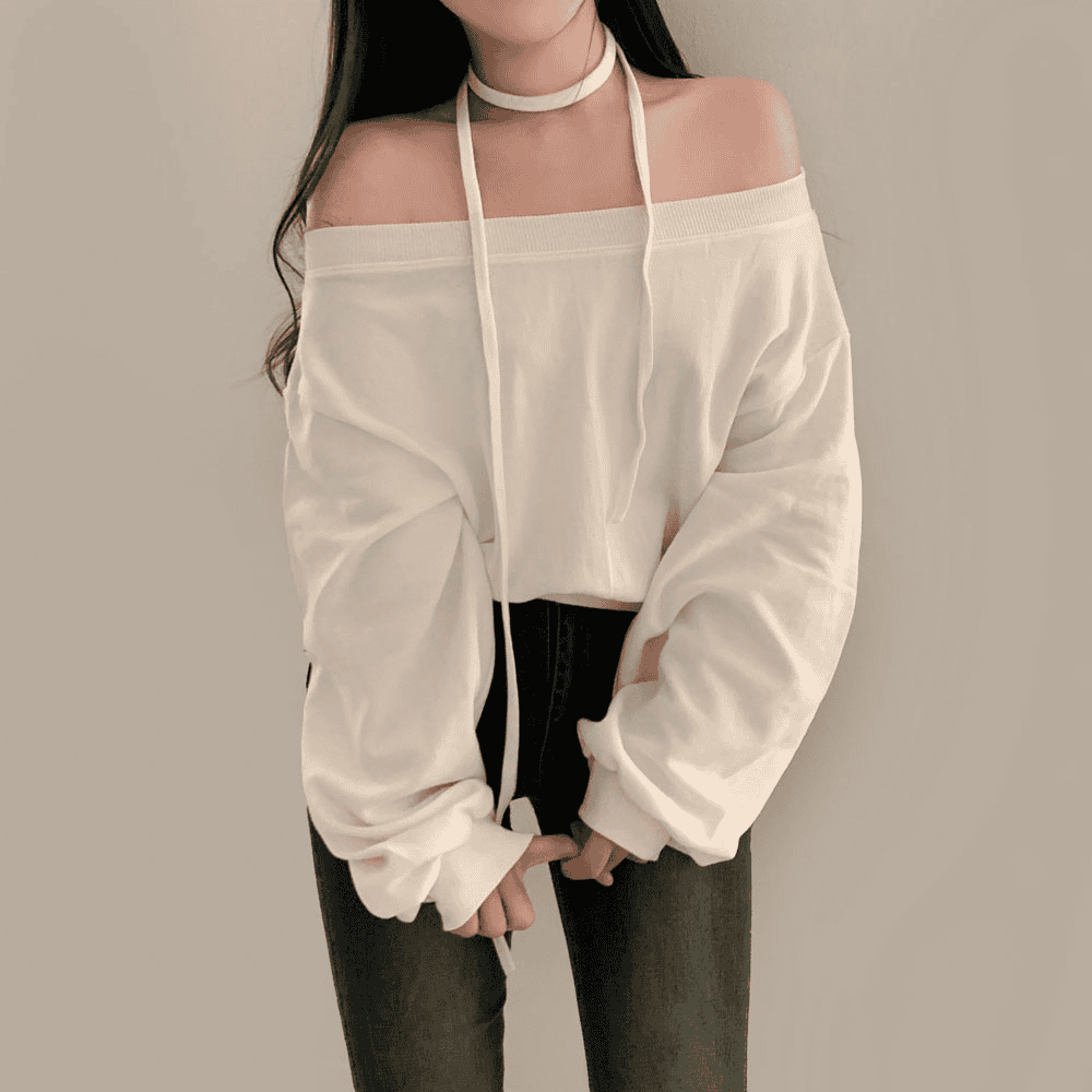 [Stylish Casual] Off-Shoulder Sweatshirt Scarf Set 