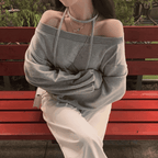 [Stylish Casual] Off-Shoulder Sweatshirt Scarf Set 