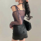 Halter Ribbon Off-Shoulder See-Through Vest Set 