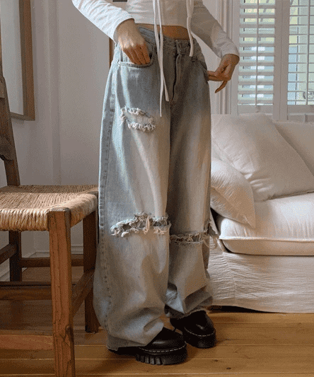 【OOTJ】Damaged Washing Wide Denim 