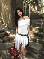 【Sweet and slightly sexy】Lace Shirring Blouse
