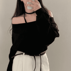[Stylish Casual] Off-Shoulder Sweatshirt Scarf Set 