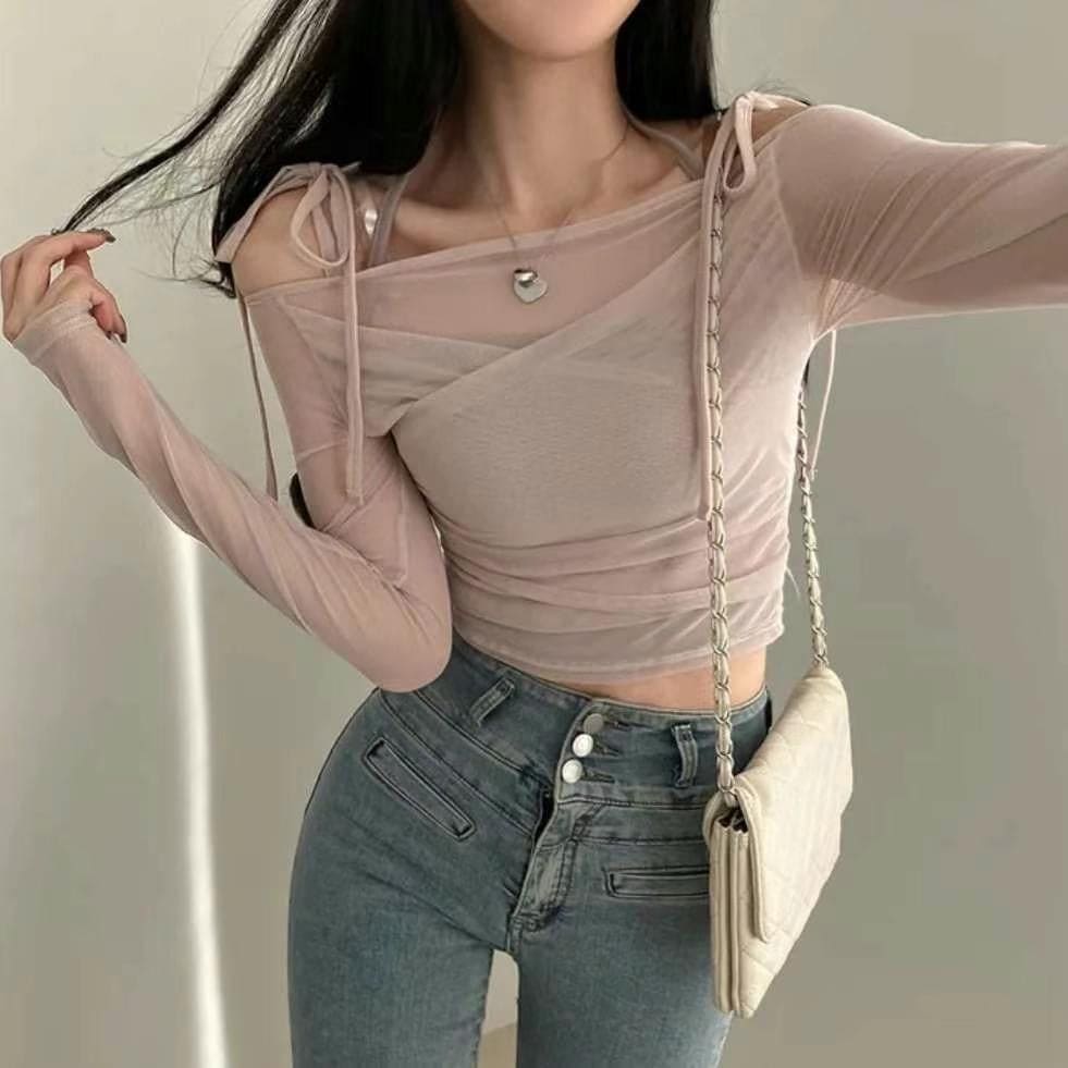 Halter Ribbon Off-Shoulder See-Through Vest Set 