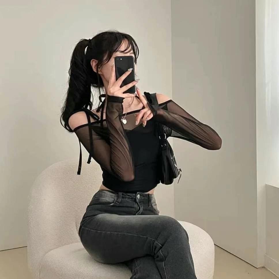 Halter Ribbon Off-Shoulder See-Through Vest Set 