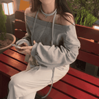 [Stylish Casual] Off-Shoulder Sweatshirt Scarf Set 