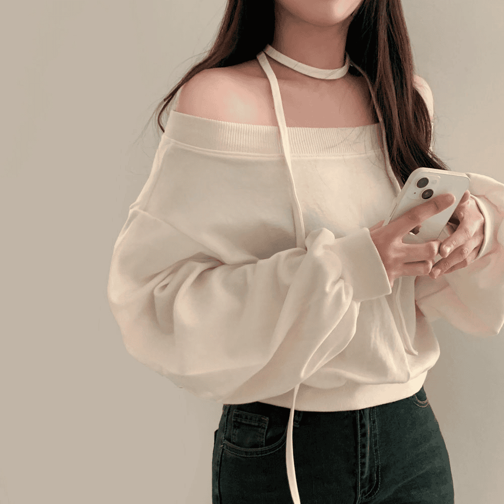 [Stylish Casual] Off-Shoulder Sweatshirt Scarf Set 