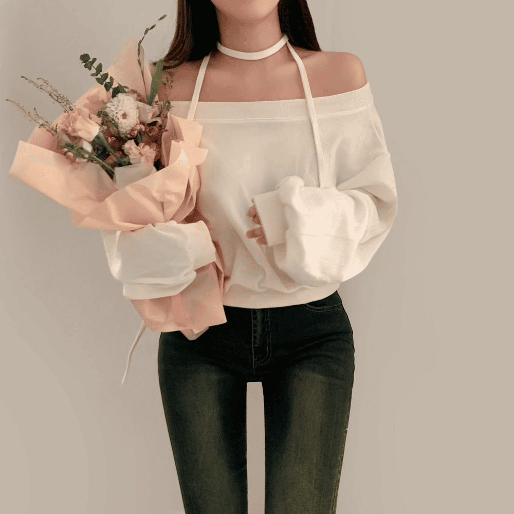 [Stylish Casual] Off-Shoulder Sweatshirt Scarf Set 