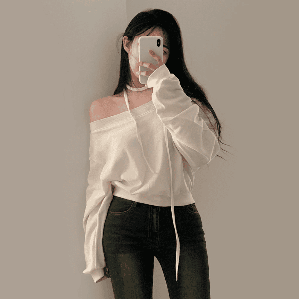 [Stylish Casual] Off-Shoulder Sweatshirt Scarf Set 